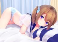 1_female 3 all_fours bed blue_ribbon blue_sailor_collar blush bottomless breasts brown_hair cleavage clothing commentary_request creator crop_top curtains female hair_ornament hair_ribbon hairclip high_resolution indoors konachan long_hair looking_at_viewer no_pants original panties ponytail purple_eyes questionable ribbon safe sailor_collar school_uniform schoolgirl_uniform see-through seifuku serafuku shiny shiny_skin side_ponytail small_breasts solo striped striped_panties tied_hair underwear uniform yande.re yunarebun 「ね、何して遊ぶ？」 オリジナル 夕奈れぶん // 2560x1863 // 3.6MB