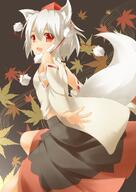 detached_sleeves female hat inubashiri_momiji japanese_clothes kemonomimi long_sleeves maple_leaf okamimimi pom_pom_(clothes) red_eyes sakurea short_hair skirt tail touhou traditional_clothes white_hair // 1158x1637 // 262.5KB