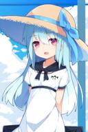 1_female absurd_resolution bangs blue_hair blush dress eyebrows eyebrows_visible_through_hair eyes fang female hair hat headwear high_resolution lolibooru.moe long_hair masaki_(machisora) open_mouth original red_eyes safe solo white_dress // 2354x3524 // 2.2MB