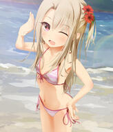 1_female 1girl bangs bare_shoulders beach belly bikini blonde_hair blush breasts clavicle collarbone commentary eyebrows eyebrows_visible_through_hair face facial_expression fate fategrand_order fatekaleid fatekaleid_liner_prisma_illya fate_(series) fate_kaleid_liner_prisma_illya female flower hair hair_flower hair_ornament halterneck illyasviel_von_einzbern landform lolibooru.moe long_hair looking_at_viewer navel neck one_eye_closed one_side_up open_mouth pink_bikini pink_eyes pink_swimsuit point_of_view prisma_illya questionable safe sakazakinchan shore shoulders side-tie_bikini small_breasts smile solo standing_position stomach string_bikini striped striped_bikini striped_swimsuit swimsuit swimwear teeth thighs upper_teeth イリヤ イリヤスフィール(プリズマ☆イリヤ) 坂崎んちゃん 水着イリヤ // 979x1144 // 702.1KB