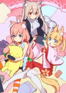 3girls ahoge animal_ear_fluff animal_ears animal_tail arms_raised_up asymmetrical_legwear bike_shorts blonde_hair blue_eyes brown_hair cat_ears choker clothing commentary_request controller danbooru detached_sleeves dress ears explicit eyes face facial_expression female fox_ears fox_tail game_controller gelbooru hair hair_clip hair_ornament hair_tie hairclip high_resolution hinata_channel hug jewelry kemomimi_oukoku_kokuei_housou knees_together_feet_apart legs legwear long_hair low_twintails lying mika_pikazo mikoko_(kemomimi_oukoku_kokuei_housou) miniskirt mismatched_legwear multiple_females navel necklace nekomiya_hinata nintendo_switch nora_cat nora_cat_channel object_hug on_back open_clothes open_mouth open_shirt orange-striped_legwear orange_legwear orange_stripes pink_hair pink_shirt playing_games red_eyes safe shirt shorts sitting skirt smile spats spread_legs spreading stomach striped striped_legwear striped_print striped_thighhighs stuffed_toy tail thigh-highs thighhighs tied_hair twintails vest virtual_youtuber white_legwear white_vest yellow-striped_legwear yellow_legwear yellow_stripes // 849x1200 // 935.6KB