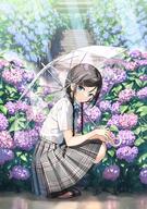 black_hair blue_eyes blush bobby_pin braid_(braids) brown_hair clothes_lift flower_(flowers) fringe full_body girl hair_ornament holding hydrangea kantoku leaf_(leaves) long_hair looking_at_viewer original outdoors plaid_skirt pleated_skirt safe school_uniform see-through seifuku shirt shoes short_sleeves single skirt skirt_lift squat stairs sunlight tall_image transparent_umbrella twin_braids umbrella uniform wet wet_clothes wet_shirt white_shirt x_hair_ornament // 1552x2200 // 1.7MB