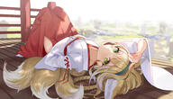 1105915505 1_female 2d_art animal_ears animal_tail arknights arm_up bangs blonde_hair blurry blurry_background braid chinese_commentary commentary_request day depth_of_field ears eyebrows eyebrows_visible_through_hair eyes female fox_ears fox_girl fox_tail foxgirl from_behind full-length_portrait green_eyes green_hairband hair hair_rings hairband hakama headband high_resolution hip_vent hongbaise_raw japanese_clothes kimono kitsune knees_up long_hair long_sleeves looking_at_viewer looking_back lying miko multicolored_hair multiple_tails no_panties on_back on_floor open_mouth outdoors outside parted_lips pixiv_10914912 pixiv_93878160 questionable red_hakama robe safe solo suzuran_(arknights) tail tied_hair two_tone_hair white_hair white_kimono wide_sleeves wooden_floor 红白色raw 铃兰 // 1884x1080 // 1.1MB