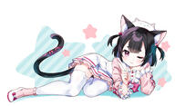 1_female 3 ;3 amimi amimi_(artist) animal_band_legwear animal_ear_fluff animal_ears animal_hat animal_tail arm_support bent_knee_(knees) black_hair blunt_bangs blush bow cap cat_band_legwear cat_ears cat_girl cat_hat cat_tail catgirl chin_rest clothing dress ears eyebrows feline_characteristics female frilled_dress frilled_sleeves frills fringe full_body girl hair hat head_rest head_tilt headwear legwear long_sleeves looking_at_viewer lying on_side one_eye_closed original petticoat pink_eyes pink_socks purple_eyes ribbon ribbon_(ribbons) shirt shoes short_hair simple_background single skeb_commission skirt socks star_(symbol) striped tail tail_ornament tail_ribbon thigh-highs thighhighs thighs two_side_up uwabaki white_background white_legwear white_skirt white_thighhighs wide_image wink zettai_ryouiki // 1470x894 // 627.0KB