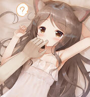 1_female 1girl 2d_art animal_ears arm_up bare_shoulders blush bodily_fluids brown_eyes brown_hair camisole cat_ears cat_girl catgirl child collarbone dress ears eyes feline_characteristics female finger_in_another's_mouth finger_in_mouth flat_chest hand_up lolibooru.moe long_hair looking_at_viewer lying neck nekomimi on_back original pixiv_88066550 psyche3313 question_mark safe saliva sankaku_channel shoulders spoken_question_mark white_dress young オリジナル プシュケー 盛大にあくびをしていたので、つい // 899x971 // 449.6KB