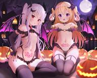 2girls 54_aspect_ratio absurd_resolution absurdres animal armor armwear bangs bare_shoulders bat bat_hair_ornament bats belly bent_knees bikini bikini_armor black_bra black_footwear black_gloves black_legwear black_nails black_panties black_underwear blonde_hair blush bra breasts building camel_toe cameltoe castle choker claw_pose clothing cloud colored_nails cuffs curled_horns demon demon_girl demon_horns demon_tail demon_wings elbow_gloves eyebrows eyebrows_visible_through_hair eyes face facial_expression fang female fence fingerless_gloves flat_chest footwear frilled_gloves frilled_panties frilled_underwear frills full-length_portrait full_body garter garter_straps garters gem gloves hair hair_ornament halloween hand_on_hip hands_up happy_halloween_2021 heart-shaped_lock heart_ring high_resolution highleg highleg_panties highres hips horns jack-o'-lantern jewelry lace lace-trimmed_legwear lace_trim legwear lingerie lock long_hair looking_at_viewer midriff moon multiple_females multiple_girls nail_polish navel necklace night open_mouth open_smile orange_hair original original_character panties parted_lips pubic_tattoo pumpkin purple_eyes purple_wings questionable red_eyes revealing_armor revealing_clothes ring sankaku seiza shoes shoulders silhouette sitting skindentation sky small_breasts smile stockings stomach swimsuit swimwear tail tattoo thighhighs tied_hair twintails two_side_up underwear user_atmz7727 very_high_resolution very_long_hair white_hair wings xue_lu 雪璐 // 4000x3200 // 1.1MB