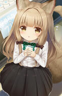 1_female 2d_art animal_ear_fluff animal_ears animal_tail bangs black_skirt blunt_bangs blush bow bowtie brown_bow brown_eyes brown_hair clothing cute dog_ears dog_girl dog_tail ears eyebrows eyebrows_visible_through_hair eyes female food fringe from_above girl hair hair_bow hair_ornament high_resolution holding ice_cream indoors long_hair long_sleeves looking_at_viewer o open_mouth original pixiv_86395522 pleated_skirt psyche3313 safe sankaku_channel shirt single skirt solo standing sweets tail tall_image tress_ribbon viewed_from_above white_shirt ご主人におねだり // 807x1261 // 531.2KB