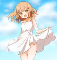 1_female bare_shoulders blonde_hair brown_eyes clothes_lift collarbone commentary d day dress dress_lift explicit eyes face facial_expression fang fangs female hair hair_clip hair_ornament hairclip high_resolution looking_at_viewer medium_length_hair minatsuki_hitoka neck oomuro_sakurako open_mouth outdoors outside point_of_view safe shoulders smile solo white_dress yuru_yuri // 1215x1279 // 1.8MB