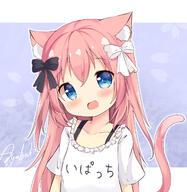 1girl akatsuki_(ytkg5558) animal_ear_fluff animal_ears artist_name blue_eyes blush bow cat_girl cat_tail clothing female hair_bow hair_ornament high_resolution loli long_hair nekomimi open_mouth original pink_hair ribbon shirt smile solo tail text_on_clothes upper_body white_shirt // 1600x1644 // 599.9KB