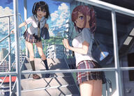 2_females 2_girls absurd_resolution absurdres bag black_hair black_legwear black_socks blurry blurry_foreground blush breasts brown_hair building_(buildings) clothing cloud_(clouds) cowboy_shot danbooru day depth_of_field door female footwear fringe from_below gelbooru girl hair hair_ornament hair_ribbon hair_scrunchie high_resolution highres kantoku knee_socks kneehighs kurumi_(kantoku) leaning leaning_forward legwear loafers looking_at_viewer medium_breasts medium_length_hair miniskirt multiple_females multiple_girls necktie non-web_source o one_side_up open_mouth original outdoors pattern plaid plaid_skirt pleated_skirt purple_eyes railing ribbon ribbon_(ribbons) safe sankaku scan school_bag school_uniform schoolgirl_uniform scrunchie serafuku shirt shizuku_(kantoku) shoes short_hair short_sleeves shoulder_bag skirt sky slip-on_shoes smile socks stairs standing standing_position tied_hair twintails uniform very_high_resolution wavy_hair white_shirt // 6382x4598 // 3.3MB