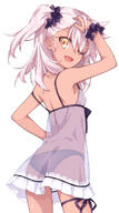 1_female 1girl ;d arm_up ass black_panties black_underwear chloe_von_einzbern clothing cowboy_shot danbooru dark-skinned_female dark_skin explicit eyebrows eyebrows_visible_through_hair face facial_expression fang fangs fate fatekaleid fatekaleid_liner_prisma_illya fate_(series) fate_kaleid_liner_prisma_illya female flat_chest from_behind hair hair_ornament hair_scrunchie hand_in_hair hand_on_hip hips lingerie long_hair looking_at_viewer looking_back negligee nightwear one_eye_closed one_side_up open_mouth orange_eyes panties photoshop_(medium) pink_hair point_of_view purple_babydoll questionable ribbon safe saipaco saipaco. sankaku_channel scrunchie see-through simple_background smile solo strap_slip thigh_ribbon underwear white_background wink wrist_scrunchie // 423x756 // 191.1KB
