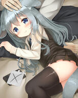 1_female 1_male 1boy 1girl 2d_art animal_ears bangs black_legwear black_skirt blue_eyes blush child ears eyes female grey_hair hair high_resolution highres hizamakura lap_pillow lying male on_side original pixiv_87714615 pleated_skirt psyche3313 safe sankaku_channel skirt tail thighhighs young スマホばっかり触っちゃダメ！ // 978x1218 // 567.2KB