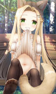 1_female 1girl 2d_art animal_ear_fluff animal_ears bare_shoulders black_legwear blonde_hair blush clothes_lift dress dress_lift ears eyes face facial_expression female forehead green_eyes hair high_resolution highres lifted_by_self long_hair looking_at_viewer mouth_hold navel original outdoors outside pixiv_86682332 psyche3313 safe sankaku_channel shoulders sitting smile solo stomach tail thighhighs 尻尾が見たいんですか？_仕方がないですね // 755x1261 // 612.8KB
