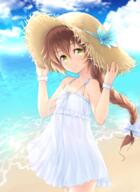 1_female bangs bare_shoulders beach blue_sky braid brown_hair cloud collarbone cowboy_shot day dress eiyuu_densetsu eyes face facial_expression female flat_chest green_eyes hair hair_between_eyes hair_ornament hair_ribbon hakuleg hands_on_headwear hat headwear landform lolibooru.moe long_hair looking_at_viewer neck ocean outdoors outside pixiv_id_19054338 point_of_view ribbon safe safebooru sankaku_channel sen_no_kiseki shoulders single_braid sky smile solo straw_hat sundress tied_hair towa_herschel water white_dress white_ribbon // 729x1000 // 773.5KB