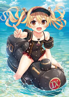 1_female 1girl absurd_resolution absurdres arm_support bangs barefoot bell black_swimsuit blonde_hair blue_sky blush brown_eyes casual_one-piece_swimsuit clothing cloud collarbone commentary_request cura d day dot_nose eyebrows eyebrows_visible_through_hair eyes face facial_expression feet female fingernails flat_chest frilled_swimsuit frills full-length_portrait full_body hair hair_between_eyes hair_ornament hat headwear high_resolution highres horizon index_finger_raised inflatable_armbands inflatable_toy jewelry legs lolibooru.moe long_hair looking_at_viewer maitetsu neck necklace ocean official_art olivi_(maitetsu) one-piece_swimsuit open_mouth open_smile outdoors outside outstretched_arm partially_submerged pointing pointing_at_viewer safe sankaku sky smile soaking_feet solo spaghetti_strap sparkle spread_legs spreading star_(symbol) straddling swimsuit swimwear thighs tied_hair toes twintails very_high_resolution visor_cap wet // 2000x2802 // 1.3MB