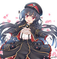 1_female 1girl armband ascot black_hair black_headwear black_jacket black_skirt clothing collar collared_shirt commentary_request d dress_shirt eyes face facial_expression female frilled_skirt frilled_sleeves frills gloves hachiroku_(maitetsu) hair hair_ornament hat headwear high_resolution highres jacket long_hair long_sleeves looking_at_viewer maitetsu open_clothes open_jacket open_mouth open_smile peaked_cap petals photoshop_(medium) point_of_view red_eyes safe sankaku sankaku_channel shirt simple_background skirt smile solo suspender_skirt suspenders tamayan teeth twitter_username upper_teeth very_long_hair white_background white_gloves white_neckwear white_shirt // 1640x1691 // 651.1KB