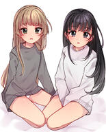 2girls between_legs black_eyes black_hair brown_hair eyes female fukuyama_mai ggyoku green_eyes grey_sweater hair hand_between_legs high_resolution idolmaster long_hair looking_at_viewer multiple_females no_pants open_mouth panties safe simple_background sitting sleeves_past_wrists sweater the__cinderella_girls thighs topwear underwear white_background white_panties white_sweater yokoyama_chika // 1012x1257 // 809.6KB