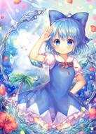 1_female 1girl ahoge blue_bow blue_dress blue_eyes blue_hair blue_sky blush bow cirno closed_mouth clothing cloud coa danbooru day dress explicit eyebrows eyebrows_visible_through_hair eyes face facial_expression female flower hair hair_bow hair_ornament hand_on_hip headdress headwear hips ice ice_wings looking_at_viewer palm_tree petals pjrmhm_coa point_of_view puffy_short_sleeves puffy_sleeves ribbon safebooru short short_hair short_sleeves sky sleeves smile solo standing standing_position touhou touhou_project tree water wings // 712x1000 // 962.6KB