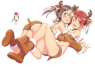 10s 3girls ;d animal_costume animal_ears animal_tail antlers bare_shoulders bell bell_collar between_legs black_hair blush bodily_fluids boots breasts brown_boots brown_footwear chibi choker christmas cleavage collar costume deer_ears deer_tail detached_sleeves ears embarrassed explicit eyes face facial_expression fake_animal_ears female female_focus female_on_top footwear frottage green_eyes hair hair_ornament hair_ribbon happy hat headwear high_resolution horns hug jewelry legwear lesbian lewd long_hair looking_at_viewer michairu midriff miyoshi_karin multiple_females multiple_girls naked_ribbon navel neck_bell necklace o one_eye_closed open_mouth point_of_view red_eyes red_hair reindeer_antlers reindeer_costume reindeer_ears reindeer_girl reindeer_tail ribbon safe santa_hat sex short_hair short_shorts shorts shoulders shy simple_background small_breasts smile stomach strapless surprised sweat sweatdrop tail tied_hair tougou_mimori tube_top twintails white_background wink yuri yuuki_yuuna yuuki_yuuna_wa_yuusha_de_aru yuusha_de_aru // 1500x1054 // 160.5KB