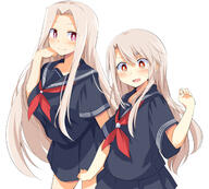 2girls alternate_costume bangs black_serafuku black_skirt blonde_hair blush bodily_fluids breasts chata_maru_(irori_sabou) clothing commentary commentary_request cowboy_shot daughter eyebrows eyebrows_visible_through_hair face facial_expression fate fatekaleid_liner_prisma_illya fatestay_night fate_(series) fate_kaleid_liner_prisma_illya female hair hand_on_own_cheek hand_on_own_face hand_up highres illyasviel_von_einzbern irisviel_von_einzbern lolibooru.moe long_hair looking_at_another looking_at_viewer matching_outfit medium_breasts mother mother_and_daughter multiple_females multiple_girls neckerchief parted_bangs pleated_skirt point_of_view safe sailor_collar sankaku_channel school_uniform schoolgirl_uniform serafuku short short_sleeves simple_background skirt sleeves smile sweat sweatdrop uniform white_background // 1664x1500 // 212.2KB