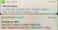 alert duolingo lesson meme missle_threat // 700x368 // 62.0KB