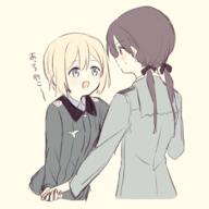 2girls 6 blonde_hair blue_eyes blush bodily_fluids brown_eyes brown_hair clothing erica_hartmann eyes face facial_expression female gertrud_barkhorn hair hand_holding holding_hands jacket kodamari kodapeta lesbian light_blush long_hair looking_at_another military military_uniform multiple_females multiple_girls open_mouth safe short_hair simple_background smile strike_witches sweat sweatdrop twintails uniform world_witches_series yuri こだまり エーゲル ストライクまとめ9 // 982x982 // 397.9KB