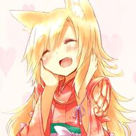 1_female ^_^ akane_(naomi) animal_ears blonde_hair blush bow closed_eyes ears explicit face facial_expression fang fangs female fox_ears futaba_akane hair hand_on_own_face hands_on_own_cheeks hands_on_own_face heart hutaba_akane japanese_clothes long_hair naomi_(sekai_no_hate_no_kissaten) open_mouth original safe smile // 528x528 // 329.5KB