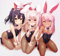 3girls animal_ears ass bangs bare_shoulders black_hair black_leotard blush bow bowtie breasts brown_eyes brown_legwear brown_skin bunny_ears bunny_suit chloe_von_einzbern collarbone covered_navel dark-skinned_female dark_skin detached_collar ears eyes face facial_expression fake_animal_ears fate fatekaleid_liner_prisma_illya fate_(series) fate_kaleid_liner_prisma_illya female fishnet_legwear fishnets footwear grin hair hair_between_eyes hair_ornament hairclip heels high_heels highleg highleg_leotard illyasviel_von_einzbern kneeling legwear leotard lolibooru.moe long_hair looking_at_viewer miyu_edelfelt multiple_females multiple_girls navel neck neckwear open_mouth orange_eyes pantyhose pink_hair playboy_bunny ponytail rabbit_ears rabbit_tail red_eyes revision safe sen_(astronomy) shoulders sidelocks small_breasts smile stomach strapless strapless_leotard tail thighs tied_hair white_hair wrist_cuffs // 1000x937 // 325.3KB