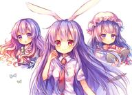 20171213 3girls animal_ears beads blue_bow book bow brown_hair bunny_ears clothing ears explicit eyes face facial_expression female gap gap_(touhou) gradient_hair hair hat hat_ribbon headwear hijiri_byakuren jewelry long_hair mob_cap multicolored_hair multiple_females multiple_girls neck necklace necktie neckwear open_mouth patchouli_knowledge pjrmhm_coa prayer_beads puffy_sleeves purple_eyes purple_hair rabbit_ears red_bow red_eyes red_necktie red_neckwear reisen_udongein_inaba ribbon safe shirt short short_sleeves simple_background sleeves smile touhou touhou_project white_background // 1000x718 // 142.0KB