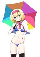 1_female 1girl alice_margatroid bikini blonde_hair blue_bikini blue_eyes blue_swimsuit blush boots borrowed_design breasts capelet chata_maru_(irori_sabou) chatamaru_(irori_sabou) contrapposto cross-laced_footwear explicit eyes face facial_expression female female_focus footwear groin hair hairband lace-up_boots legwear micro_bikini mound_of_venus navel pixiv_33981986 questionable race_queen safe short_hair smile solo standing standing_position star star_(symbol) stomach swimsuit swimwear thigh-highs thigh_boots thighhighs touhou touhou_project umbrella レースクイーンアリス // 707x1000 // 244.6KB