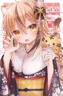 1girl 2022 ahoge animal animal_ear_fluff animal_ears animal_on_shoulder animal_tail argyle argyle_background bangs black_bow black_kimono blush bow brown_eyes brown_flower brown_hair brown_nails checkered checkered_background chinese_zodiac claw_pose egasumi eyebrows_visible_through_hair feline female floral_print flower fur_collar hair_between_eyes hair_bow hair_flower hair_ornament hairclip hands_up high_resolution kimono multicolored_hair nail_polish obi open_mouth original print_kimono ringouulu robe sash solo streaked_hair tail tiger tiger_ears tiger_girl tiger_tail wafuku year_of_the_tiger // 903x1376 // 1.2MB