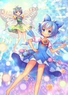 2girls antenna_(anatomy) bare_knees bare_legs barefoot blue_bow blue_dress blue_eyes blue_hair blue_headwear blush bow butterfly_wings cirno closed_mouth danmaku dark_skin dress duo eternity_larva eyes face facial_expression feet female flat_chest flower hair hair_bow hair_ornament hand_on_hip hidden_star_in_four_seasons hips ice ice_wings insect_wings knees leaf leaf_on_head legs magic magic_circle morning_glory multiple_females multiple_girls object_on_head open_mouth outstretched_arms pettanko pjrmhm_coa png-to-jpg_conversion puffy_sleeves red_bow sankaku_channel short short_hair short_sleeves sleeves smile snowflakes special_technique sunflower touhou touhou_project vines wings yellow_flower // 714x1000 // 582.8KB