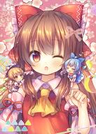 3girls ;o ahoge ascot bangs blonde_hair blue_bow blue_hair blush bow brown_eyes brown_hair cirno closed_eyes clothing detached_sleeves explicit eyebrows eyebrows_visible_through_hair eyes eyes_closed face facial_expression female fingernails floral_background hair hair_bow hair_ornament hair_ribbon hair_tubes hakurei_reimu hand_up hat hat_bow headwear kirisame_marisa long_hair minigirl multiple_females multiple_girls one_eye_closed pjrmhm_coa puffy_short_sleeves puffy_sleeves red_background red_bow red_vest ribbon ribbon-trimmed_sleeves ribbon_trim safe shiny shiny_hair short short_sleeves sidelocks simple_background sleeves smile touhou touhou_project vest white_bow witch_hat yellow_neckwear // 714x1000 // 999.5KB