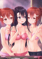 3girls absurd_resolution absurdres ahoge arm_grab asymmetrical_hair black_hair black_skirt blurry blush bra breasts brown_eyes closed_mouth collarbone commentary_request depth_of_field english english_text explicit eyebrows eyebrows_visible_through_hair eyes face facial_expression female frilled_panties frilled_underwear frills girl_sandwich grabbing groin hair hair_ornament hair_ribbon hair_tie head_tilt high_resolution highres itaro koori_chikage lace lace-trimmed_bra lace_trim lens_flare lesbian long_hair looking_at_another medium_breasts multiple_females multiple_girls navel neck nogi_wakaba_wa_yuusha_de_aru off_shoulder open_mouth panties panty_pull photoshop_(medium) pink_bra pink_panties pleated_skirt poker_chip ponytail purple_bra purple_panties questionable red_eyes red_hair ribbon safe sandwiched sankaku_channel side_ponytail skirt smile stomach takashima_yuuna text tied_hair underwear undressing very_high_resolution yuri yuuki_yuuna yuuki_yuuna_wa_yuusha_de_aru yuusha_de_aru // 2419x3420 // 3.2MB