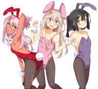 3girls animal_ears animal_tail bare_shoulders black_hair blonde_hair blush breasts brown_skin bunny_ears bunny_suit bunny_tail chata_maru_(irori_sabou) chloe_von_einzbern collarbone commentary commentary_request danbooru dark-skinned_female dark_skin ears eyebrows eyebrows_visible_through_hair eyes fake_animal_ears fake_tail fate fategrand_order fatekaleid_liner_prisma_illya fate_(series) fate_grand_order female fishnet_legwear fishnets hair hair_between_eyes hair_ornament hairclip high_resolution highres illyasviel_von_einzbern legwear leotard lolibooru.moe long_hair looking_at_viewer miyu_edelfelt multiple_females multiple_girls neck official_alternate_costume open_mouth pantyhose playboy_bunny point_of_view rabbit_ears rabbit_tail red_eyes safe sankaku_channel shoulders silver_hair simple_background small_breasts tail white_background // 1500x1365 // 221.4KB