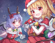 2girls absurd_resolution animal_ears bag bangs bat_wings bell belt blonde_hair brown_belt capelet christmas cowboy_shot crystal deer_ears ears eyebrows eyebrows_visible_through_hair eyes face facial_expression fang female flandre_scarlet gift_bag gloves hair hairband hanen_(borry) hat headwear high_resolution holding holding_bag lolibooru.moe looking_at_viewer medium_length_hair multiple_females night off_shoulder one_side_up open_mouth outdoors outside ponytail purple_hair red_capelet red_eyes red_gloves red_hairband red_headwear remilia_scarlet safe santa_costume santa_gloves santa_hat side_ponytail sky smile standing_position star_(sky) star_(symbol) starry_sky stars tied_hair touhou wings // 3900x3000 // 7.4MB