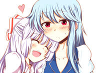 2girls ^_^ blue_hair blush bodily_fluids bust chata_maru_(irori_sabou) chatamaru_(irori_sabou) close-up closed_eyes explicit eyes eyes_closed face facial_expression female female_focus fujiwara_no_mokou hair happy head_on_another's_shoulder head_on_shoulder heart hime_cut kamishirasawa_keine lavender_hair light_purple_hair multiple_females multiple_girls open_mouth pixiv_11994963 red_eyes safe sankaku_channel smile sweat sweatdrop touhou touhou_project upper_body けーねだーいすき // 1000x759 // 253.5KB