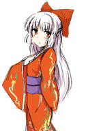 1_female 1girl 7 blush bow chata_maru_(irori_sabou) chatamaru_(irori_sabou) commentary_request explicit female female_focus fujiwara_no_mokou hair_bow hair_ornament japanese_clothes kimono long_hair looking_at_viewer orange_kimono pixiv_23402839 point_of_view safe sankaku_channel simple_background solo touhou very_long_hair white_background 落書きまとめ // 674x1000 // 102.1KB