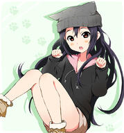 1_female 1girl animal_hat beanie black_hair black_sweater boots brown_eyes cat_hat explicit eyes female footwear grey_hat grey_headwear hair hair_down hat headwear hood hooded_sweater hoodie k-on! kisuke_(akutamu) long_hair nakano_azusa paw_pose pillow_hat safe solo sweater topwear // 800x859 // 140.3KB