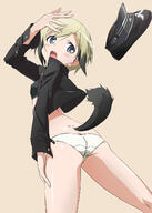 1_female animal_ears animal_tail ass black_hair blonde_hair blue_eyes blush breasts butt_crack clothing covered_nipples dog_tail ears erect_nipples erica_hartmann explicit eyes female flat_cap from_behind girl hair hat headwear high_resolution jacket light_erotic looking_back magu_(artist) magu_(syu_uhei) military military_uniform multicolored_hair nipples open_mouth panties peaked_cap safe short_hair simple_background single small_breasts solo strike_witches tail tall_image two-tone_hair two_tone_hair underwear uniform white_panties white_underwear wind world_witches_series yamamoto_shuuhei // 1000x1406 // 183.3KB