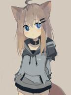 1_female 1girl < ahoge animal_ears arms_behind_back bangs belt_collar black_collar blue_eyes blush borrowed_character brown_background brown_hair clavicle closed_mouth collar collarbone commentary_request cowboy_shot danbooru drawstring ears eyebrows eyebrows_visible_through_hair eyes female grey_hoodie hair hair_between_eyes hair_clip hair_ornament hairclip head_tilt hood hood_down hoodie long_hair long_sleeves neck original paprika_shikiso safe safebooru simple_background solo tail // 600x800 // 44.0KB