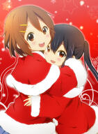 2girls black_hair blush brown_eyes brown_hair christmas christmas_outfit embracing explicit eyes face facial_expression female hair hair_tie hatasuke hirasawa_yui hug k-on! kisuke_(akutamu) long_hair multiple_females multiple_girls nakano_azusa red_eyes safe santa_costume short_hair smile snowflakes star star_(symbol) tied_hair twintails yuiazu // 600x818 // 272.7KB
