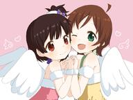 10s 2girls 43_aspect_ratio ;d ahoge angel angel_wings armband asymmetrical_hair bare_shoulders black_hair blush bow brown_eyes brown_hair cheek-to-cheek cheek_to_cheek choker explicit eyes face facial_expression female garrison_cap green_eyes hair hair_bow hair_ornament hand_holding happy heads_together heart holding_hands idolmaster idolmaster_million_live! interlocked_fingers jewelry kinoshita_hinata light_smile muku_(muku-coffee) multiple_females multiple_girls nakatani_iku necklace one_eye_closed open_mouth ponytail ribbon safe sankaku_channel short_hair shoulders side_ponytail smile tied_hair wings wink wristband // 1023x767 // 464.1KB