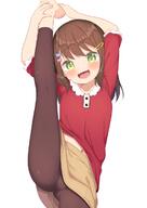 1_female 1girl 2d_art 4 armpits arms_raised_up arms_up bangs barefoot bikini blush brown_hair brown_legwear brown_skirt cleft_of_venus clothing completely_nude d explicit eyebrows eyebrows_visible_through_hair eyes face facial_expression fangs feet female green_eyes hair hair_ornament hairclip highres leg_up leggings legs legwear loli long_hair looking_at_viewer mb micro_bikini midriff midriff_peek muku_(muku-coffee) navel nude open_mouth open_smile original pixiv_84808580 questionable raised_leg red_shirt safe sankaku_channel shirt short short_sleeves simple_background skirt sleeves smile solo split standing standing_on_one_leg standing_position standing_split stomach swimsuit swimwear white_background ぎゅうひもち むく 身体が柔らかい女の子 // 878x1239 // 410.2KB