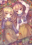 2girls autumn autumn_leaves bangs black_footwear blonde_hair blue_neckwear blue_scarf blush boots bow braid brown_dress brown_eyes brown_hair brown_legwear brown_skirt closed_mouth clothing coa commentary_request d danbooru day dress explicit eyebrows eyebrows_visible_through_hair eyes face facial_expression female footwear fringe fringe_trim from_above gelbooru green_legwear hair hair_between_eyes hair_bow hair_ornament hair_ribbon hakurei_reimu hand_holding hat headdress headwear holding_hands interlocked_fingers kirisame_marisa leaf legwear long_hair long_sleeves lying multiple_females multiple_girls on_back open-mouth_smile open_mouth orange_eyes outdoors outside pantyhose pixiv_2520711 pixiv_71124338 pjrmhm_coa pleated_skirt purple_shirt red_bow red_eyes red_ribbon ribbon safe safebooru scarf shiroyagisannkara shirt skirt smile sweater thigh-highs thigh_boots thighhighs tied_hair topwear touhou touhou_project turtleneck very_long_hair viewed_from_above white_shirt yellow_eyes レイマリ 秋服な霊夢&魔理沙 // 714x1000 // 989.6KB