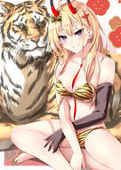 1_female 1girl ahoge alternate_costume animal_print armwear azur_lane bare_shoulders between_breasts bikini blonde_hair breasts cleavage collarbone crossed_legs elbow_gloves eyes face facial_expression female gloves gudon_(iukhzl) hair hair_ornament hair_ribbon hairclip high_resolution highres horns kumano_(azur_lane) long_hair looking_at_viewer madoutatuhito medium_breasts neck oni_horns purple_eyes ribbon safe shoulders single_elbow_glove single_glove sitting smile swimsuit swimwear thighs tiger tiger_print あけましておめでとうございます ぐどん 虎縞ビキニ 謹賀新年2022 // 1254x1771 // 1.8MB