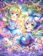 2girls bangs bell blue_bow blue_coat blue_eyes blue_hair blue_mittens blue_skirt blurry blurry_background blush bow box christmas christmas_ornaments christmas_tree cirno coat commentary_request d daiyousei depth_of_field detached_wings explicit eyebrows eyebrows_visible_through_hair eyes face facial_expression fairy_wings female flower frilled_bow frilled_skirt frills fur fur-trimmed_sleeves fur_collar fur_trim gift gift_box green_hair hair hair_between_eyes hair_bow hair_ornament holding holding_gift ice ice_wings long_sleeves mittens multiple_females multiple_girls one_side_up open-mouth_smile open_mouth pantyhose pjrmhm_coa safe short_hair skirt smile snowflakes snowman touhou touhou_project tree white_flower wings yellow_bow // 781x1000 // 1.1MB