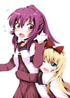 2girls ayano_sugiura blonde_hair blue_eyes blush bow chata_maru_(irori_sabou) chatamaru_(irori_sabou) clothing dress duo embracing explicit eyes female female_focus hair hair_bow hair_ornament hug hug_from_behind hugged_from_behind lesbian long_hair long_sleeves multiple_females multiple_girls nanamori_school_uniform one_eye_closed open_mouth pixiv_18659008 ponytail purple_hair red_eyes safe sailor_dress sankaku_channel school_uniform schoolgirl_uniform serafuku short short_over_long_sleeves short_sleeves simple_background sleeves sugiura_ayano tied_hair toshinou_kyouko uniform white_background wink yuri yuri_yuri yuru_yuri 緩百合 // 707x1000 // 401.3KB