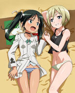 2girls artist artist_request bed blonde_hair blue_eyes blush clothing erica_hartmann eyes fang female francesca_lucchini green_eyes green_hair groin hair hair_ornament hair_ribbon hand_holding high_resolution highres holding_hands lesbian multiple_females multiple_girls navel official_art panties ribbon safe source_request stomach strike_witches striped striped_panties striped_underwear tank_top teeth tied_hair twintails underwear white_panties white_underwear world_witches_series yuri // 1280x1600 // 450.9KB