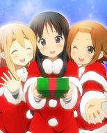 3_females 3girls akiyama_mio black_hair blonde_hair blue_eyes blush box brown_eyes brown_hair christmas christmas_outfit closed_eyes costume explicit eyes eyes_closed face facial_expression female gift group hair hairband hatasuke k-on! kisuke_(akutamu) kotobuki_tsumugi long_hair multiple_females multiple_girls one_eye_closed safe santa_costume short_hair smile tainaka_ritsu trio wink // 650x813 // 332.9KB